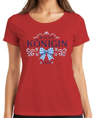 Immagine prodotto di Maglietta da donna, blu e bianca, con il logo "Wiesn Königin 2026" e il motivo dell'Oktoberfest, in pelle, taglia L, colore rosso