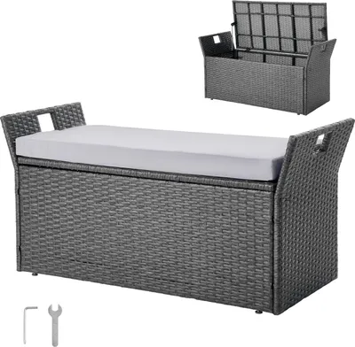 Immagine prodotto di Panca da giardino VEVOR con spazio di stivaggio 180 kg, panca in rattan PE, cassapanca con cuscini e maniglia laterale, panca di stivaggio, sedute e arredo veranda per patio, giardino e balcone, 104x45x52cm