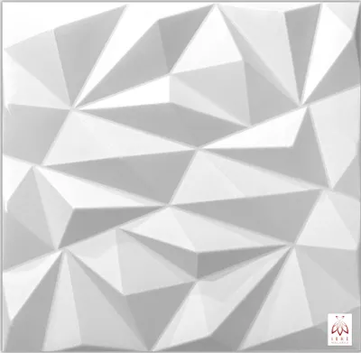 A white, geometric, 3D wall panel.