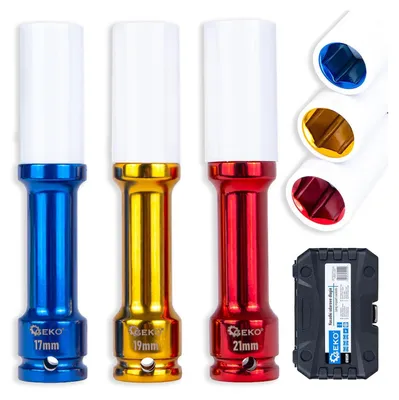 Immagine prodotto di Set 3 bussole 1/2'' con rivestimento protettivo per cerchi auto in lega da 17 - 19 - 21 mm, Geko