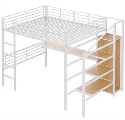 Image de Lit superposé 140x200 cm – Lit enfant en métal blanc avec bureau et espace de rangement pratique