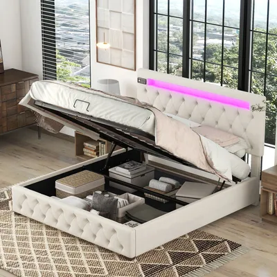 Produktbild von Flieks Polsterbett 140x200cm Hydraulisches Boxspringbett mit USB, Bluetooth-Player und Led, Doppelbett mit Lattenrost, Stauraumbett Leinenstoff, Beige
