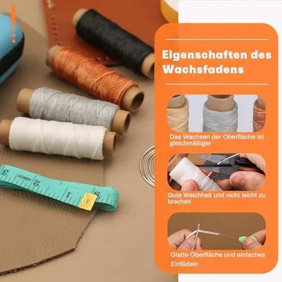 Produktbild von 44-teiliges Nähset für Leder, inklusive Nähnadeln mit großem Öhr, Nähahle, Fingerhut und robustem Reparaturset für Autositze, Rucksäcke, Teppiche, Stiefel, Schuhe, Leinwand und Sofas