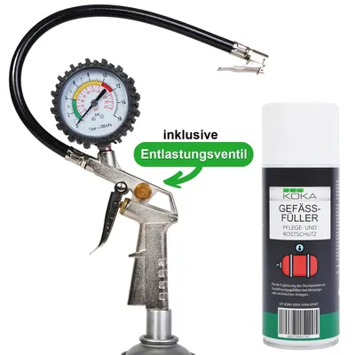 A tire inflator with a pressure gauge and a can of lubricant are displayed against a white background.
