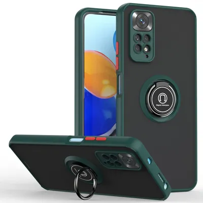Immagine prodotto di Custodia per Xiaomi Redmi Note 11 4G / Note 11S traslucida opaca in TPU con supporto ad anello e supporto verde scuro