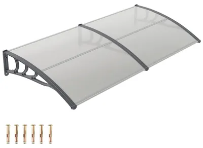 Image de Abri de porte d'entrée COSTWAY, 197 x 89 cm, auvent de porte en aluminium et polycarbonate, auvent incurvé transparent, auvent plat, auvent pour porte d'entrée, couleur gris clair