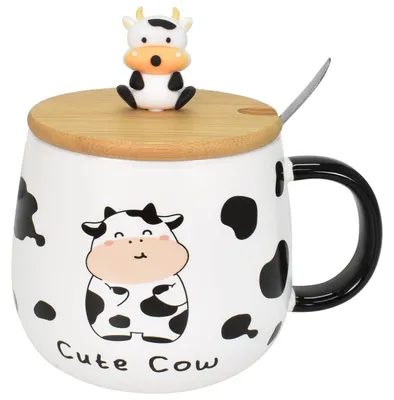 Produktbild von Kaffeetasse Kuh 480 ml mit Deckel und Löffel Keramik groß für Tee & Kaffee