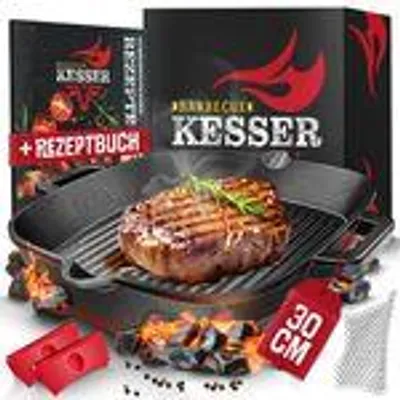 Produktbild von KESSER® Gusseisenpfanne | Gusseisen Grillpfanne Induktion für Grill & Backofen voreingebrannt | Inkl. Schutzgriffe, Rezeptbuch und Ringreiniger - 30 cm