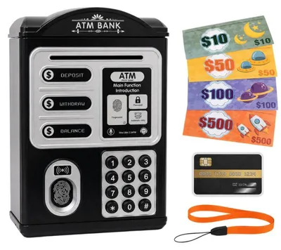 Obrázek produktu pro Elektronická kasíčka atm pro děti trezor s heslem karta pin bankovky