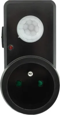 A black motion sensor plug adapter with a white PIR sensor and a standard European socket.