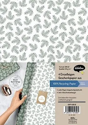 Produktbild von Geschenkpapier Set Weihnachten: grün-weiße Tannenzweige: 4x doppelseitige Einzelbögen + 4x Geschenkanhänger