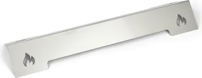 A stainless steel aroma rail with flame cutouts on a white background.