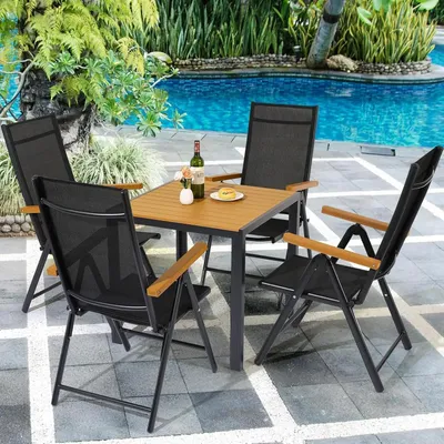 Image de Ensemble de mobilier de balcon 5 pièces - Ensemble de salon de jardin en aluminium - Table + 4 chaises pliantes - Dossier haut réglable en 7 positions - Pour 4 personnes - Aspect bois avec bordure noire