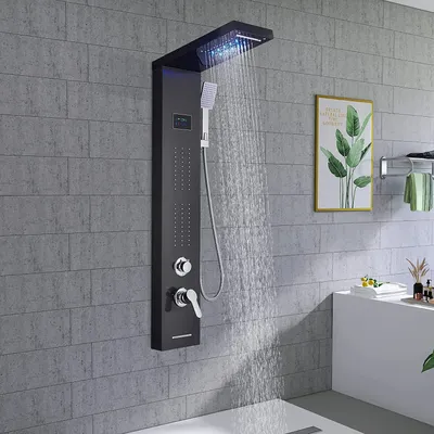 Obrázek produktu pro Sprchový panel s digitálním displejem, vanový výtok s tělovými tryskami a LED vodopádem a ruční sprchou, masážní celotělový sprchový lázeňský systém, černý