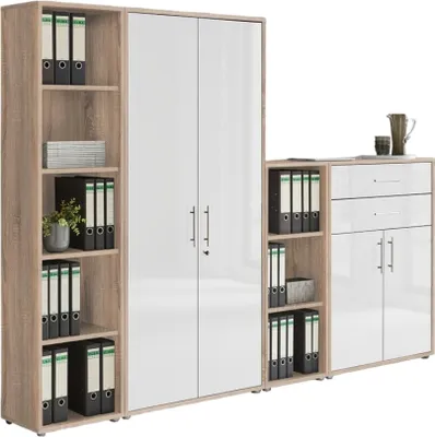Produktbild von Aktenschrank TABOR 22 in Eiche Sonoma / weiß Hochglanz, Schrankwand, Büroschrank, abschließbar, Metallgriffe