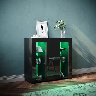 Zdjęcie produktu dla SONNI czarna komoda w wysokim połysku 90x35x83cm z 12-kolorowym regulowanym oświetleniem LED i szafkami do salonu z hartowanego szkła