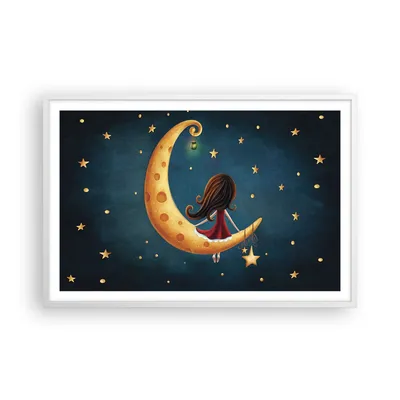 Produktbild von Gerahmtes Poster - Weißer Rahmen - Kinder Mädchen Mond - 91,5x61 cm - Wand Bild - Wanddeko - Wandbilder - Kunstposter - Wandposter - Bilderrahmen - Bilder - Kunstdruck Wanddekoration - P2WAA91x61-4683