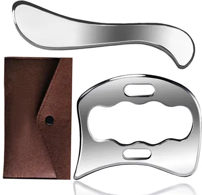 Productafbeelding van Gua Sha set, 2 stuks, roestvrij staal. Geschikt voor het stimuleren van weefsels en het verminderen van spierpijn (inclusief opbergzak)