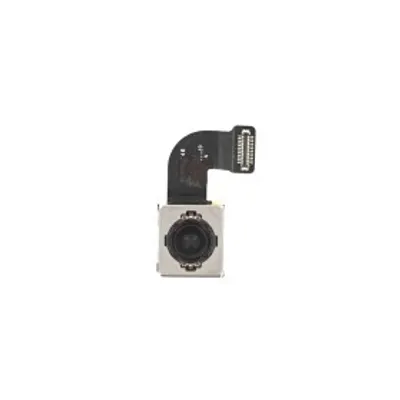 A close-up studio shot of a smartphone camera module with a flexible ribbon cable attached, isolated on a white background.
