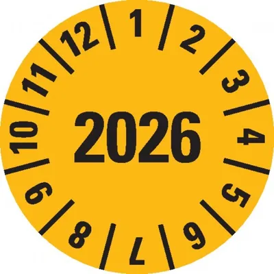 Produktbild von Dreifke® Prüfplakette 2026, gelb, Dokumentenfolie, selbstklebend, Ø 15 mm, 42...