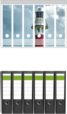 Produktbild von Wallario 6 Stück breite Ordner inkl. Klebeetiketten mit Motive Leuchtturm am Strand -  Set mit Rückenschildern / Ordnerrücken Stickern