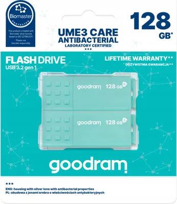 Produktbild von Goodram 2-PACK UME3-1280CRR11-2P, 256 GB, USB Typ-A, 3.2 Gen 1 (3.1 Gen 1), 60 MB/s, Kappe, Türkis