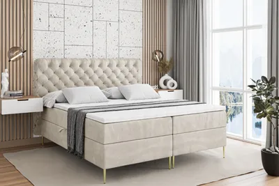 Produktbild von ALTDECOR Boxspringbett mit Gold Füßen, Matratze und Lattenrost, Boxbett, Topper, Polsterbett mit Bettkasten, Bett mit Stauraum H3-Matratze, Doppelbett - BOXI8-FZ- 140x200 - Beige Monolith 04