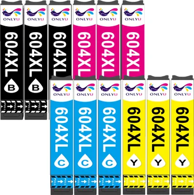 A collection of printer ink cartridges arranged in two rows.