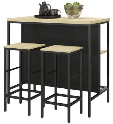 Image de 2 tabourets de bar et table de bar, ensemble table de bar 3 pièces en chêne, structure en acier, plateau en MDF, finition chêne/noir | Repose-pieds et étagère | Charge maximale : 170 kg | Dimensions : 100 x 60 x 95 cm