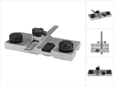 A product shot of a metal guide rail adapter with black knobs and a black switch, set against a white background. Multiple views of the adapter are shown in smaller inset images.