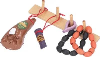 Immagine prodotto di mini modelli di salsicce e prosciutto appesi in scala 1:12, per finta, giocattolo alimentare, simulazione di scene di vita per bambini a partire dai 3 anni di età