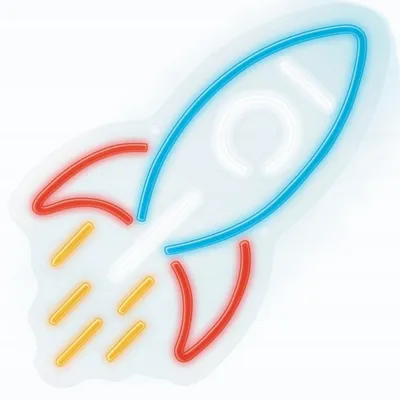 A neon sign shaped like a rocket ship, with flames coming out of the bottom.