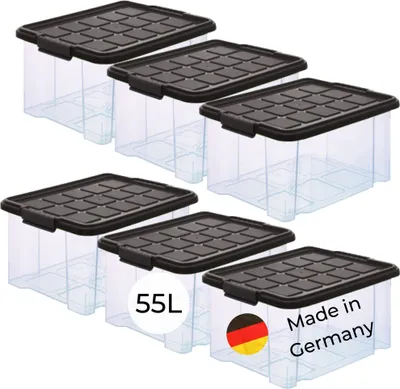 Produktbild von Novaliv 6x Aufbewahrungsboxen mit Deckel Groß 55L Anthrazit Nestbar stapelbar mit Clipverschluss Rollboxen Kunststoff BPA-frei 61x40x32,5 cm