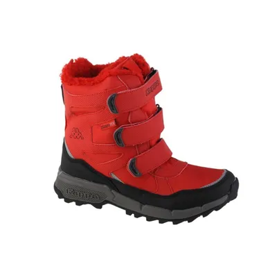 A single red winter boot for children.