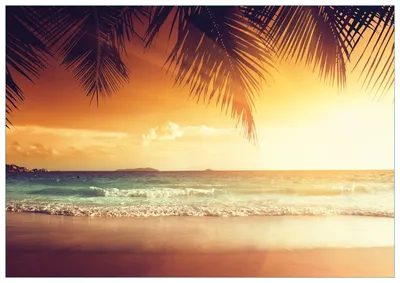 Produktbild von Wallario Premium Glasbild, freischwebende Optik, kräftige Farben, Größe 100 x 70 cm Motiv Sonnenuntergang am Strand in der Karibik