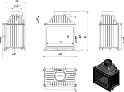 Technical drawings and a 3D render of a fireplace insert.