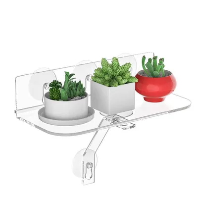 Produktbild von wandpflanzenregal aus transparentem acryl mit saugnäpfen, bohrfrei, ideal für balkon, badezimmer und als dekorative aufbewahrung für grünpflanzen.