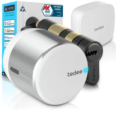 Obrázek produktu pro Tedee GO2 Alu s Bridge a cylindrem EXXO Smart (Gerda) – Chytrý zámek, WiFi, bezpečnostní třída 6, Auto Unlock, Matter, Apple HomeKit, Alexa