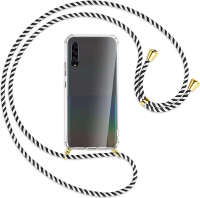 Produktbild von Handykette Backcover-Schutzhülle mit Band (Metall goldfarben) für Samsung Galaxy A90 5G - schwarz/weiß gestreift