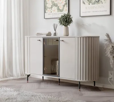 Produktbild von IDOHOME-Dreitürige Kommode mit LED-Beleuchtung SENTO II 190 cm Wohnzimmer Glas Modernes Design Beinen Sideboard mit hohen Beinen Kaschmir