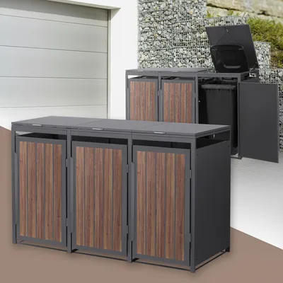 Obrázek produktu pro ML-Design box na 3 popelnice, kryt na 1 popelnici 240L 196x80x120 cm antracitová ocel se vzhledem dřeva, box na popelnice s výklopným víkem a dvířky