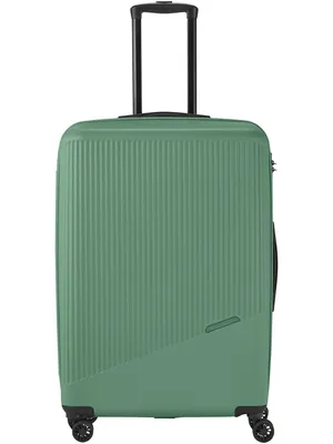 A green Travelite trolley bag is shown from the front against a white background.