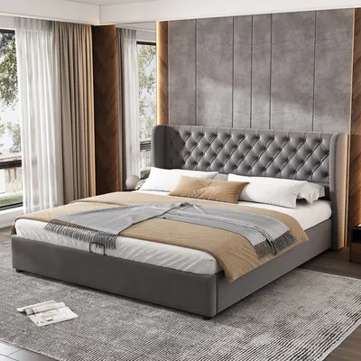 Obrázek produktu pro MODFU postele pro mládež čalouněná postel 160*200cm, hydraulická manželská postel s úložným prostorem a lamelovým roštem (bez matrace), šedá