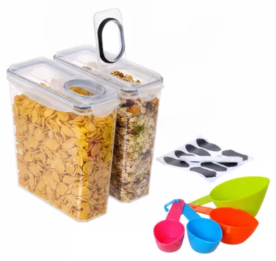 Immagine prodotto di Relaxdays, set di 2 contenitori per alimenti, con coperchio, ermetici, contenitore per cereali da 3,7L, con dosatore ed etichette, in plastica trasparente