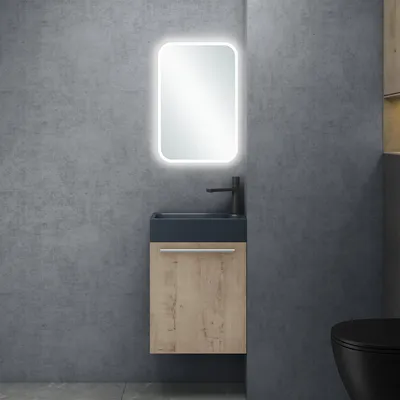 Image de doporro Petit Meuble sous Vasque Chêne Clair et Vasque Gris Noir Mat 46cm Ensemble de 3 Pièces Meuble de Salle de Bain avec Lavabo et Miroir LED Design Pisa