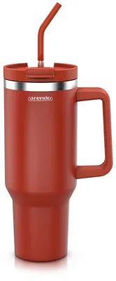 Produktbild von Arendo Thermobecher 1200 ml mit Henkel und Trinkhalm, doppelwandiger Edelstahl Isolierbecher, auslaufsicher, hält 6 h warm, 12 h kalt, spülmaschinengeeignet, dunkelrot
