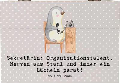 Produktbild von Mr. & Mrs. Panda Holztruhe Sekretärin Heldin 22 x 15 cm - Grau Pastell - Geschenk, Geschenke für Berufstätige, fotobox, Ansprechpartner, Dankeschön, Erinnerungsbox, Beruf