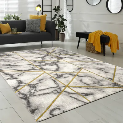 Produktbild von Teppich Wohnzimmer Kurzflor Modernes Marmor Design Geometrisch Grau Gold Grösse 160x230 cm