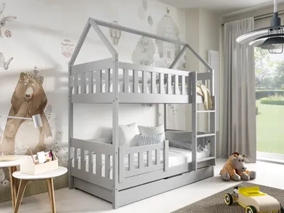 Produktbild von MTJMöbel Etagenbett ZUZIA 160x80cm mit Matratze, Kinderbett mit Schubladen, Massivholzbett Stockbett, Grau Holz