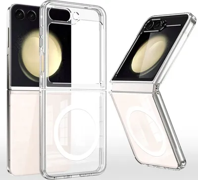 A clear plastic protective case for a foldable phone is shown in two configurations.